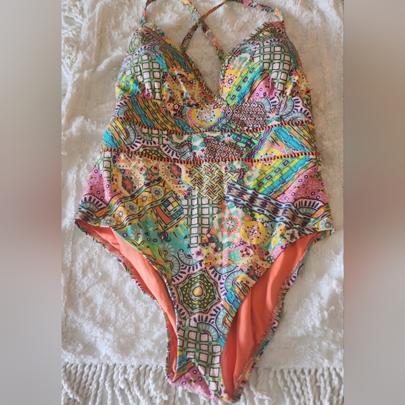 Bleu By Rod Beattie Seriously Sunny Colorful Patterned One-Piece Swimsuit 14 EUC - Picture 3 of 6